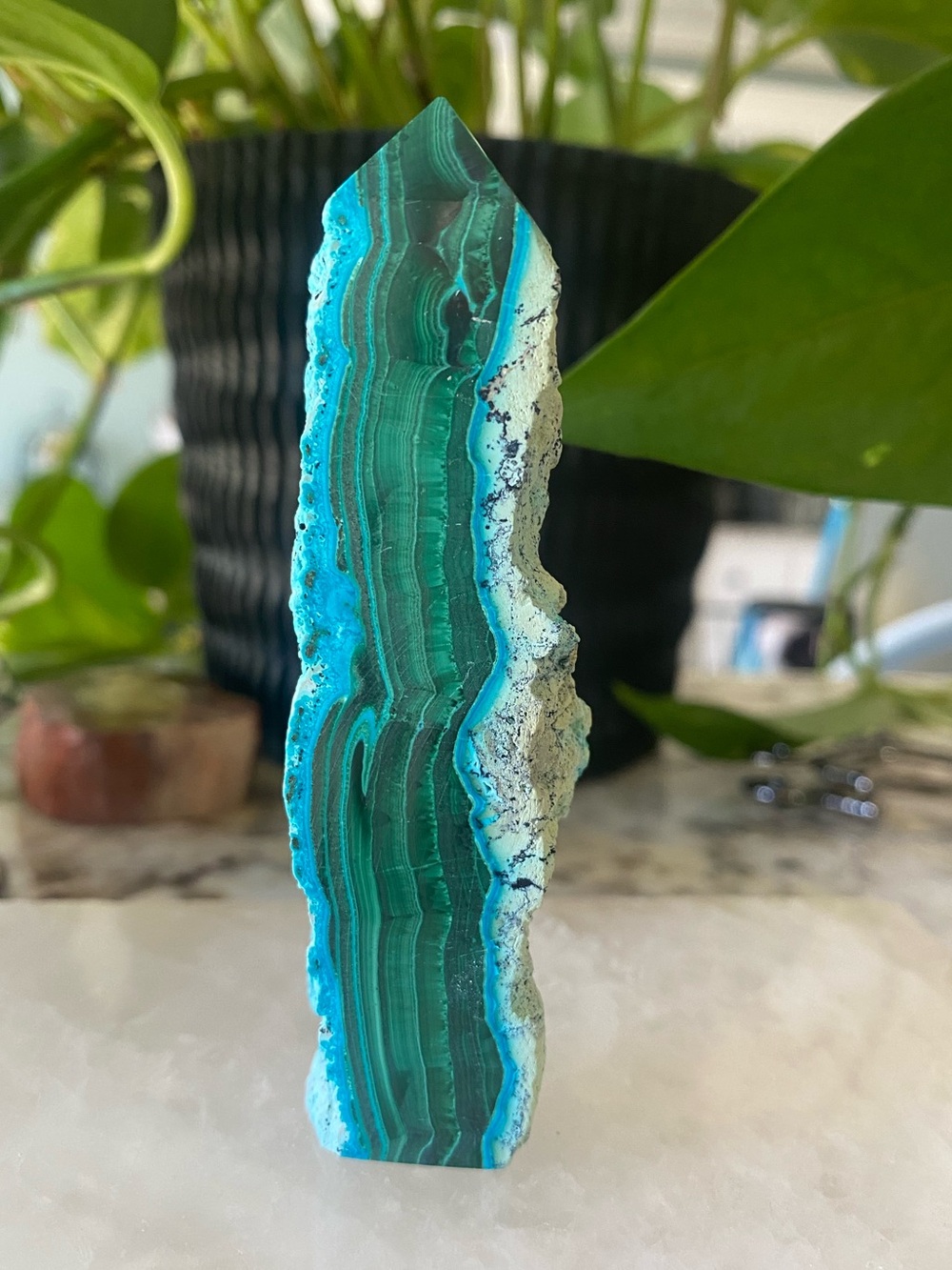 ✨ Exceptional Malachite + Chrysocolla | 4” Half Raw / Half Sliced Tower ✨